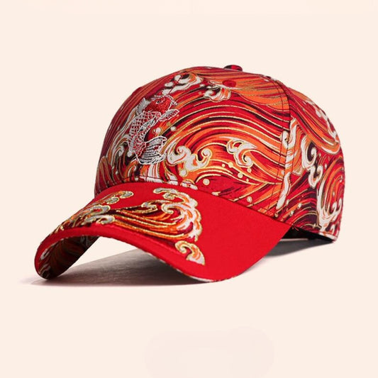 Summer Red Koi Chasing Waves design casual cap