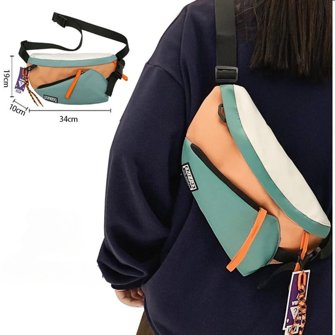 Trendy crossbody chest bag for boys and girls with bonus pendant.