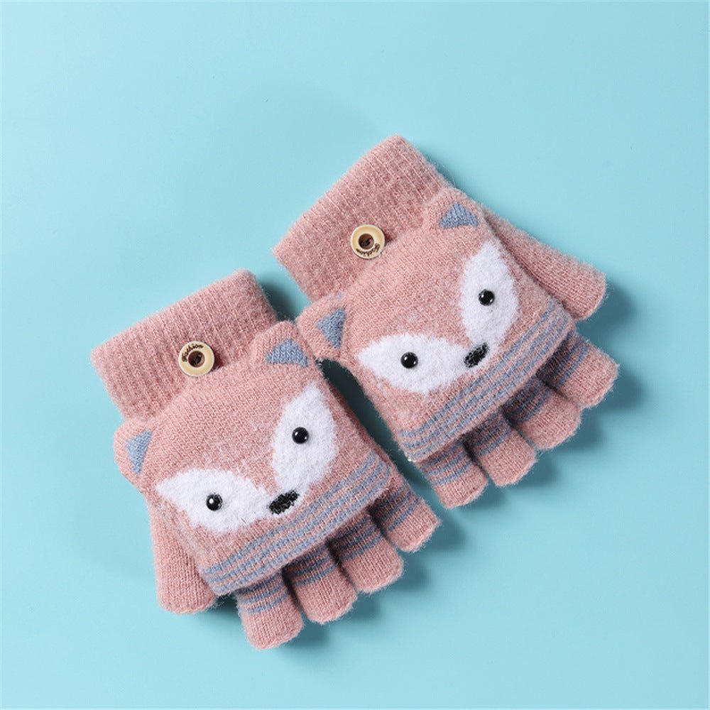 Fox Eyes Half Finger Knitted Warm Plus Fleece Hand Gloves