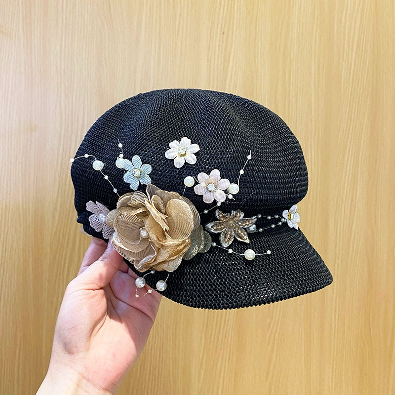 Women's summer knitted breathable pearl flower beret cap