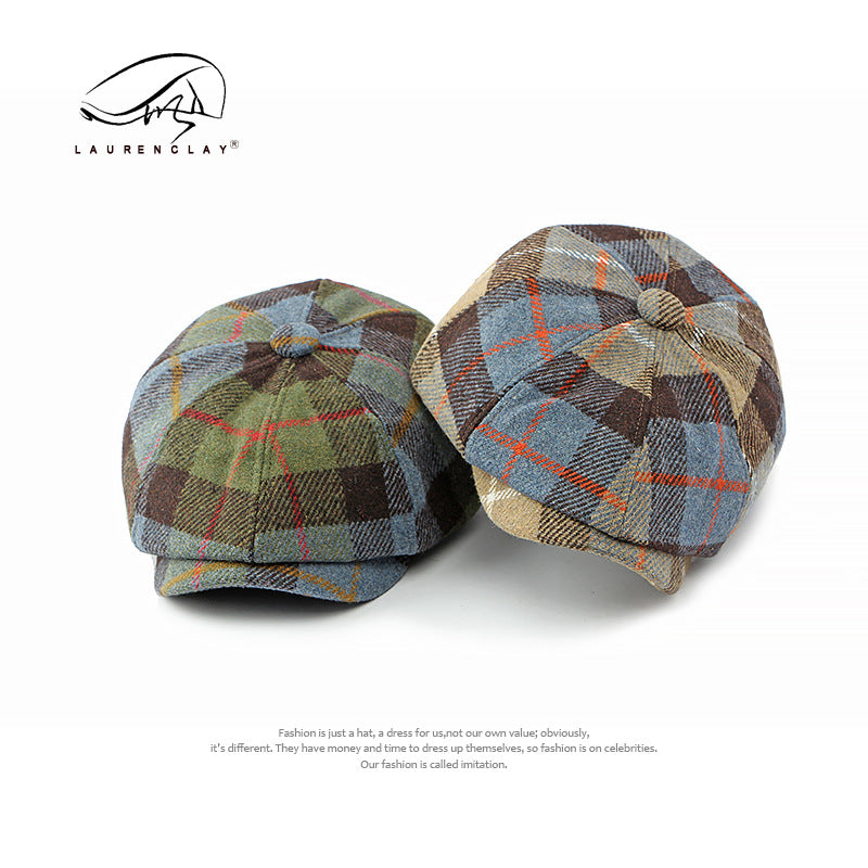 Octagonal British Vintage Wool Tweed Berets Checkered Newsboy Caps