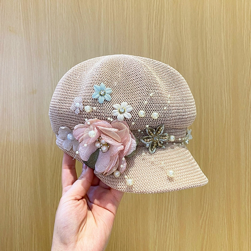 Women's summer knitted breathable pearl flower beret cap