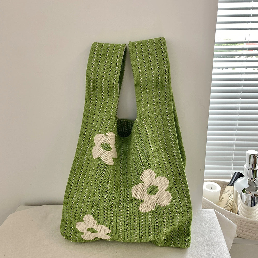 Candy Color Floral Knitted Tote Hand Bag For Women