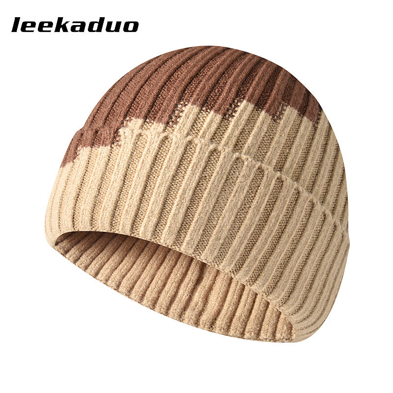 Color-blocked woolen hat men's winter rolled ear cap