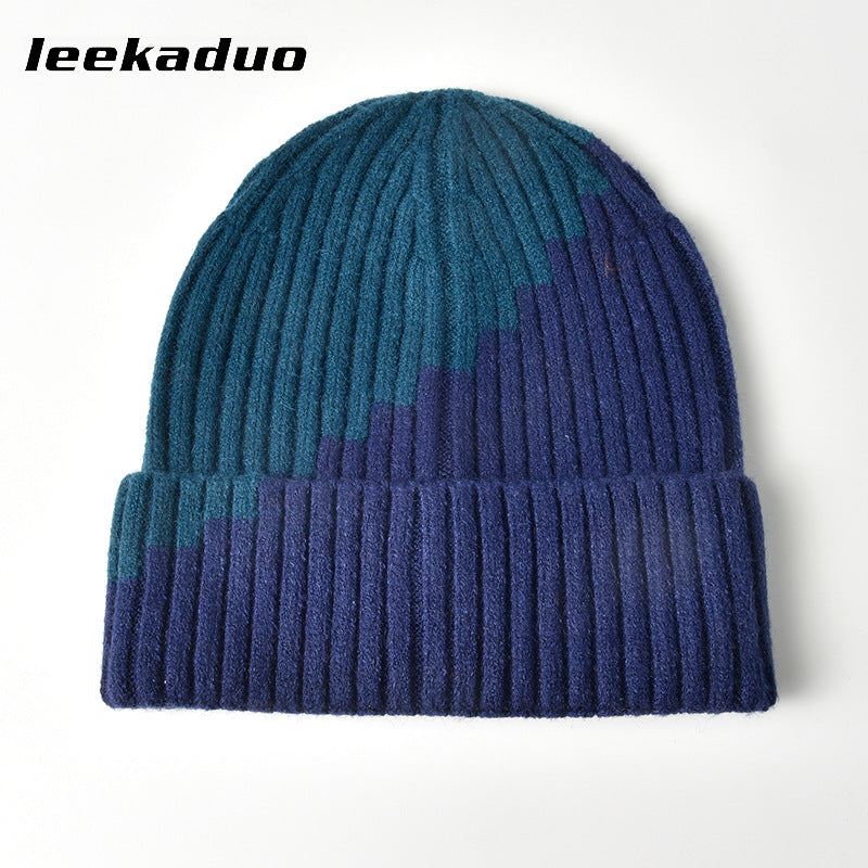 Color-blocked woolen hat men's winter rolled ear cap