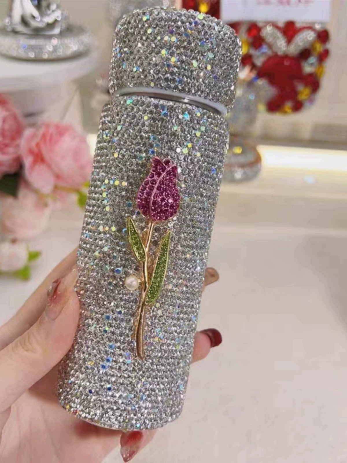 Diamond-encrusted tulip small portable food grade stainless steel water bottle