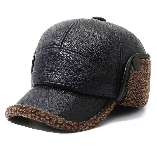 Men's Cotton pile warm woolen thick ear protection leather hat