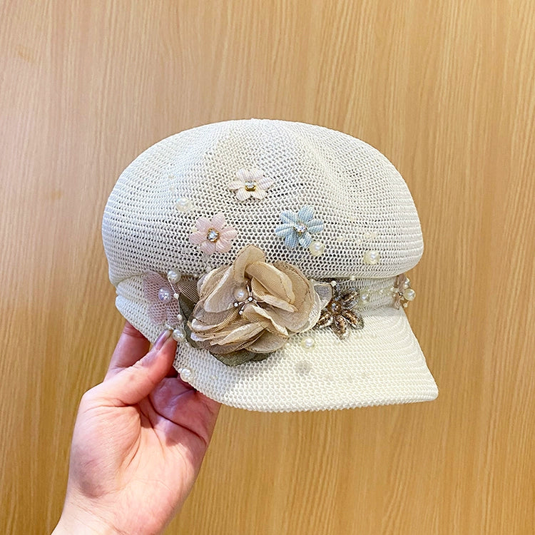 Women's summer knitted breathable pearl flower beret cap