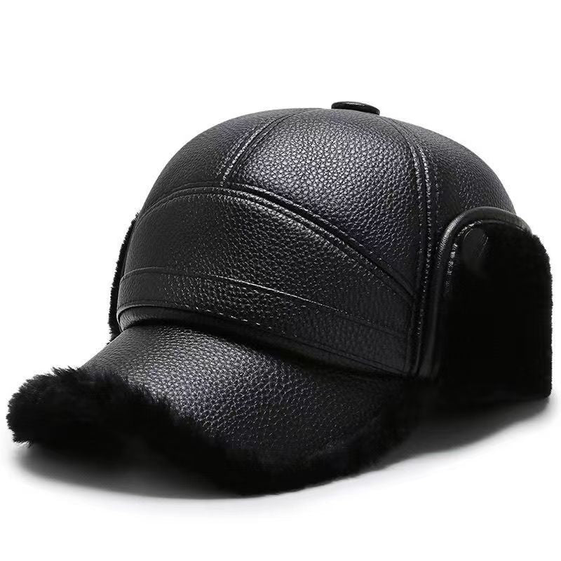 Men's Cotton pile warm woolen thick ear protection leather hat