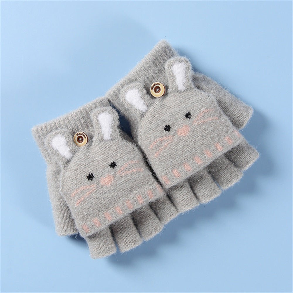 Cat Face High Quality Half Finger Knitted Warm Fleece Hand Gloves