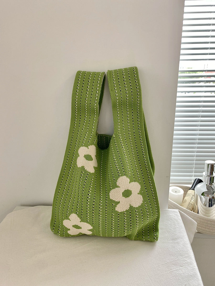 Candy Color Floral Knitted Tote Hand Bag For Women