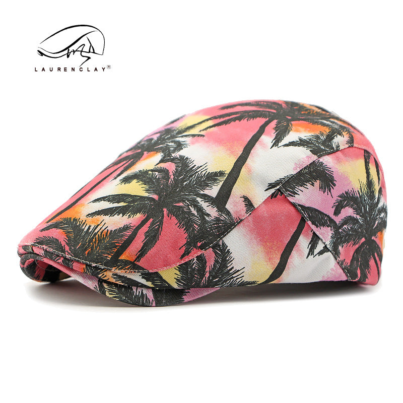 Vintage Tie-Dye Beret Beach Coconut Tree Print Versatile Cap