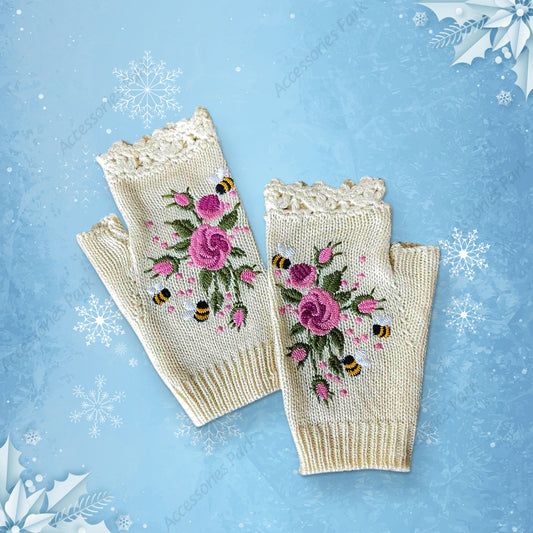 Handmade Knitted Winter Gloves With Soft Floral Crochet