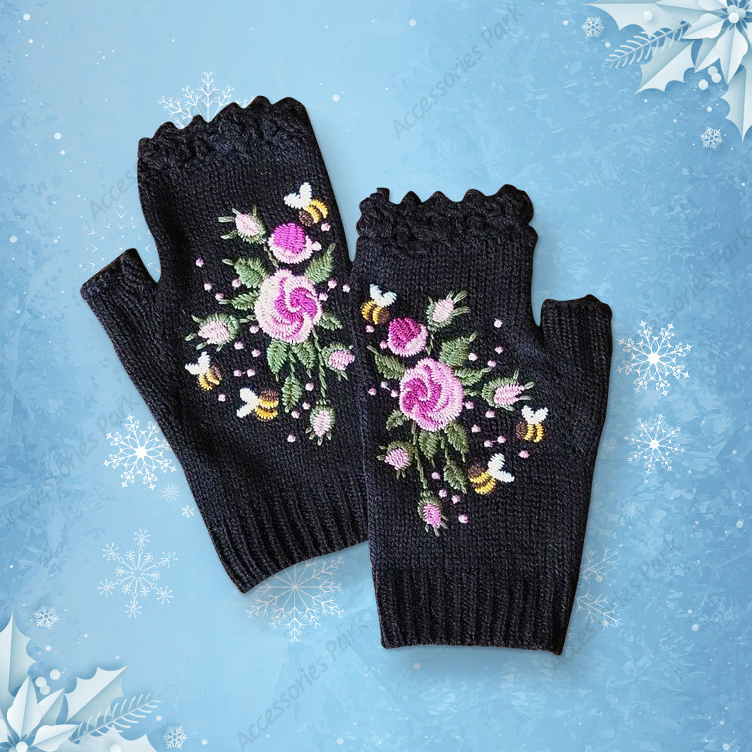 Handmade Knitted Winter Gloves With Soft Floral Crochet