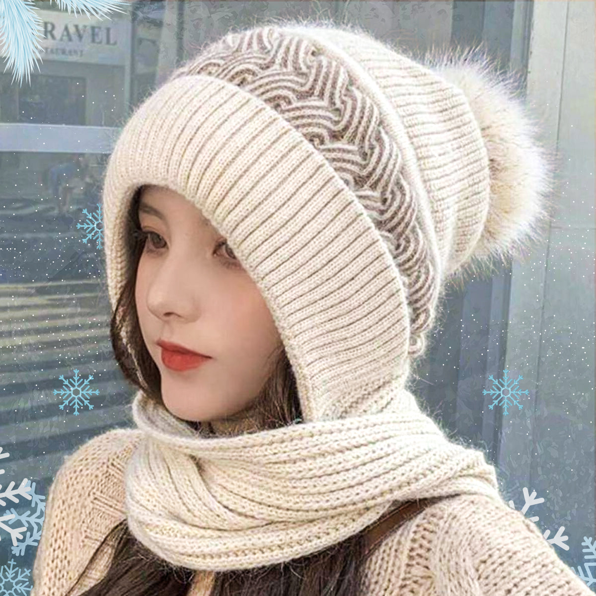 Women's Woolen Cap with Knitted Neck Scarf