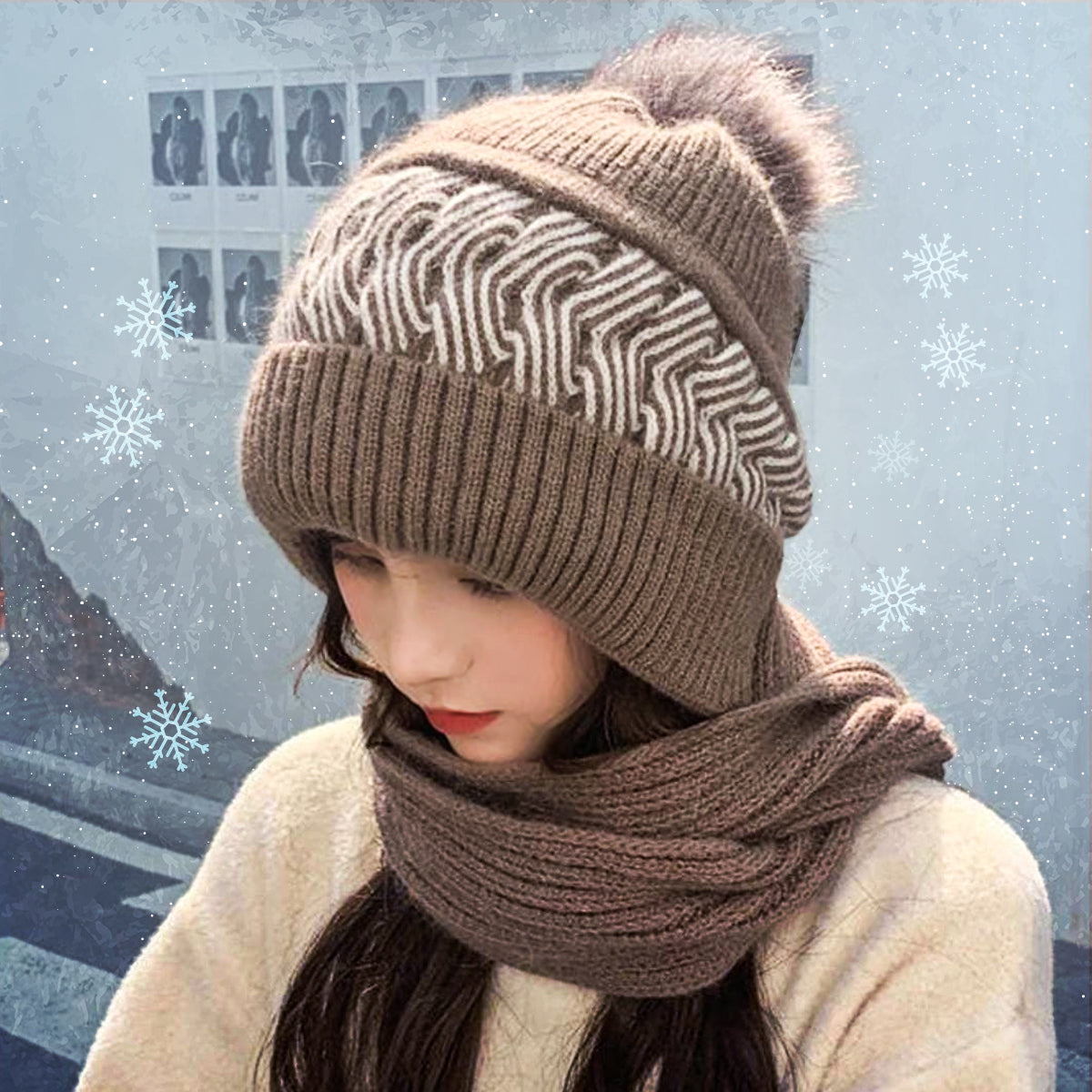 Women's Woolen Cap with Knitted Neck Scarf