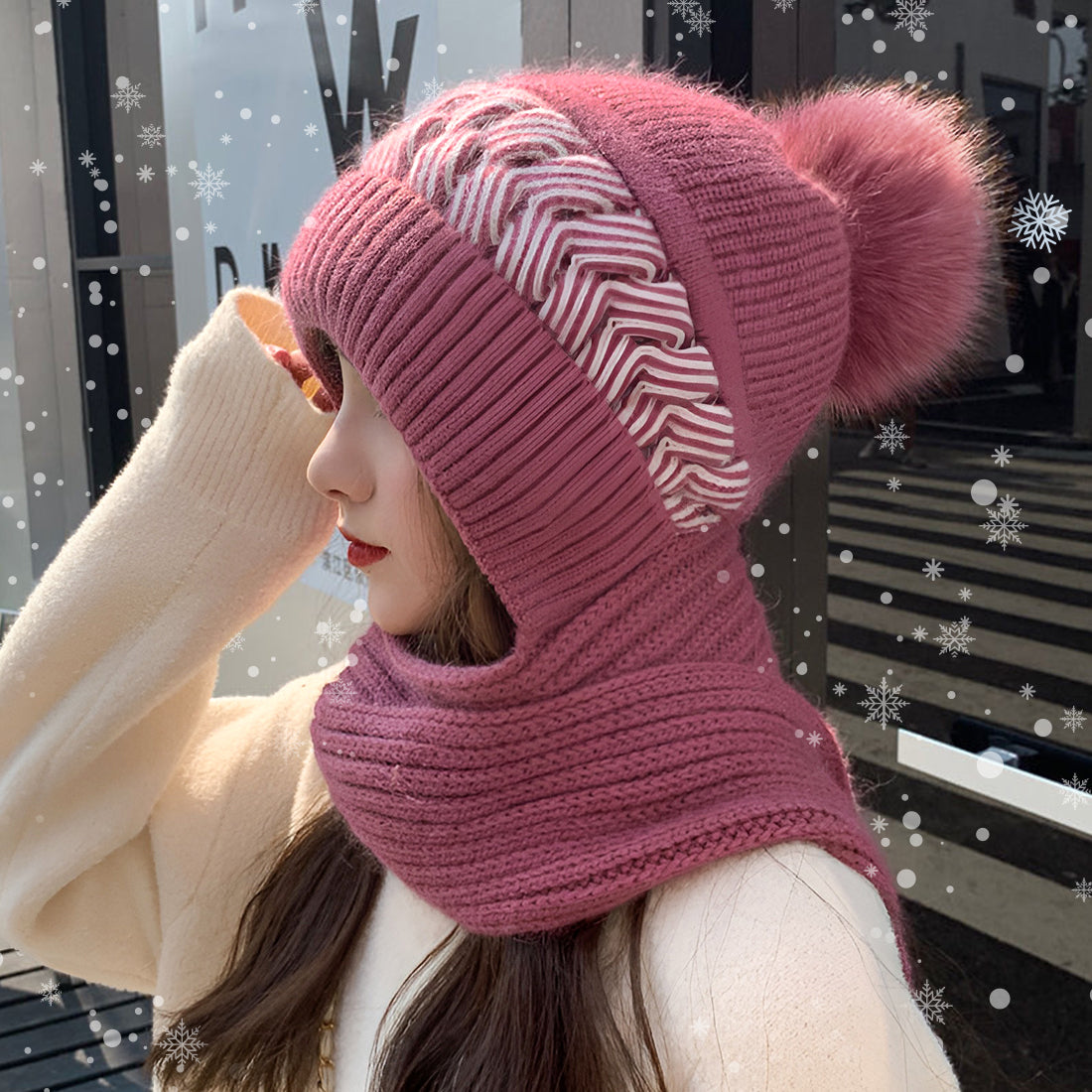 Women's Woolen Cap with Knitted Neck Scarf