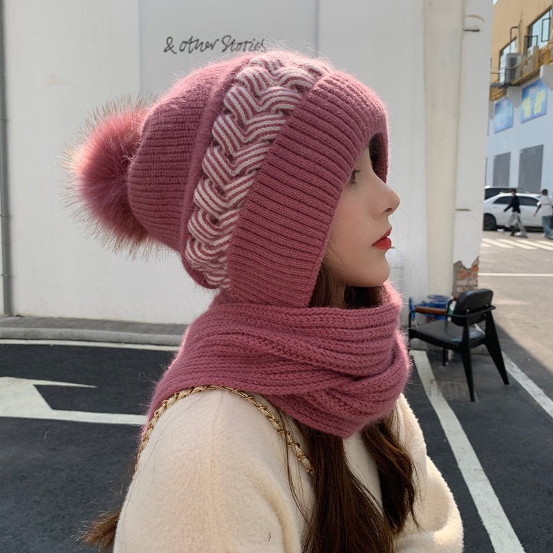 Women's Woolen Cap with Knitted Neck Scarf