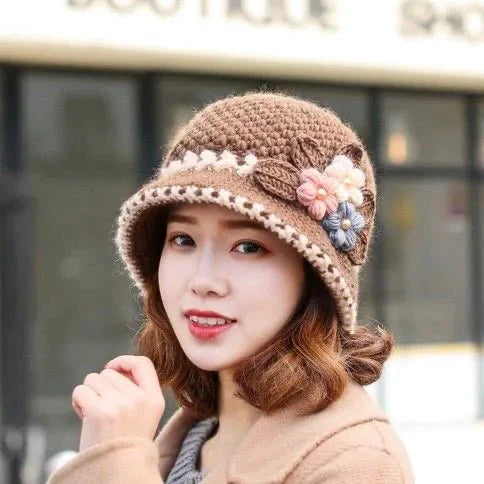 Knitted Female Three-Dimensional Flower Plush Winter Hats