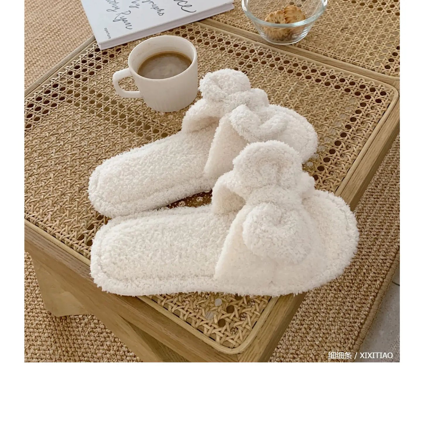 Korean Style Girls Vintage Fluffy Bow  Winter Warm Slippers