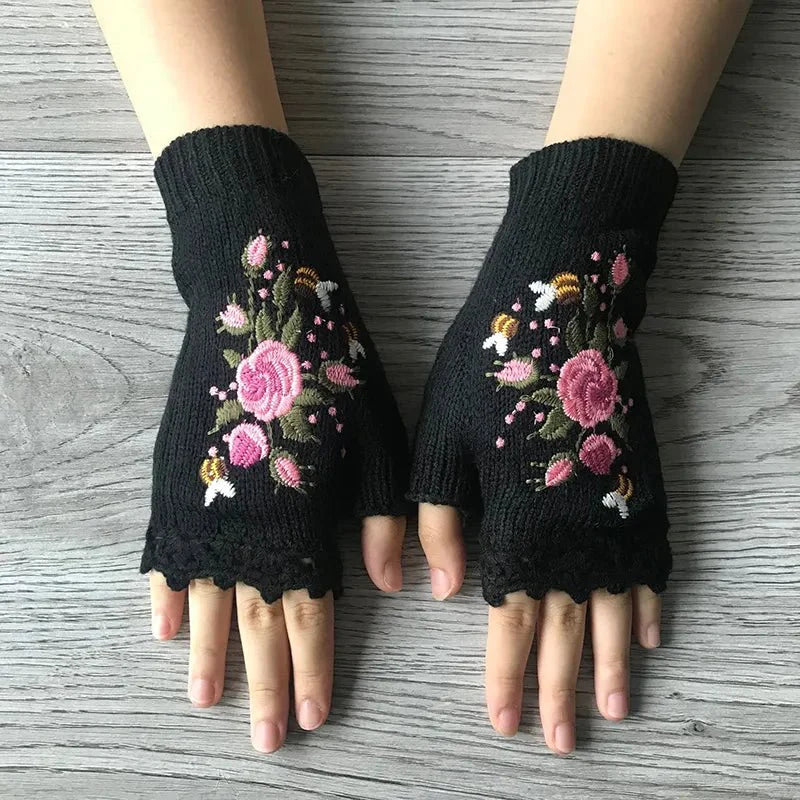 Handmade Knitted Winter Gloves With Soft Floral Crochet